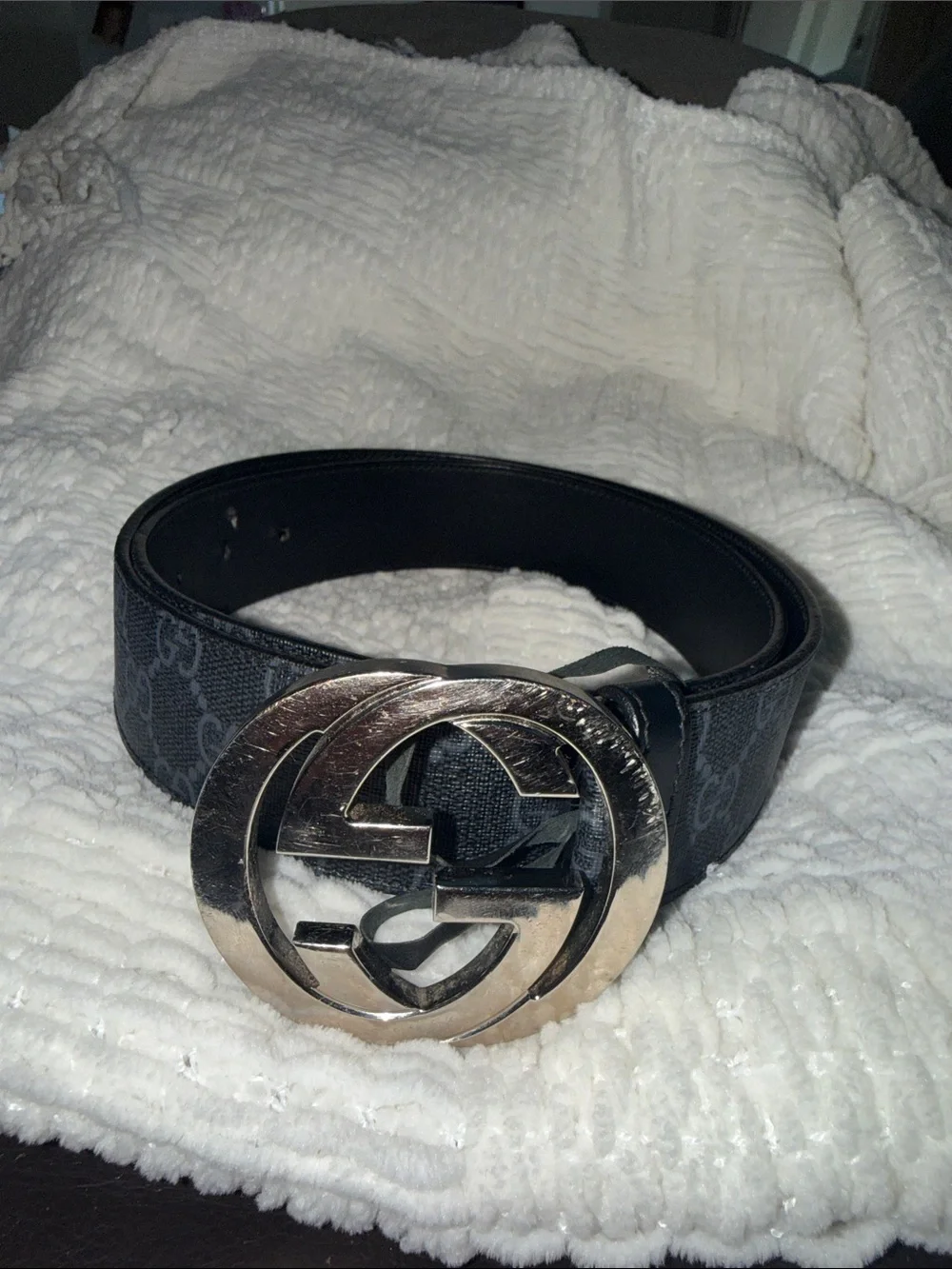 Gucci Black GG Canvas Belt with Large Silver Interlocking G Buckle
